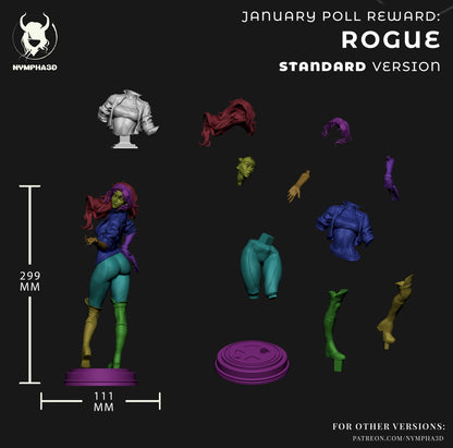 Rogue X-Men SFW 1:6 scale figure parts layout showing modular head hair torso arms legs jacket boots and base components