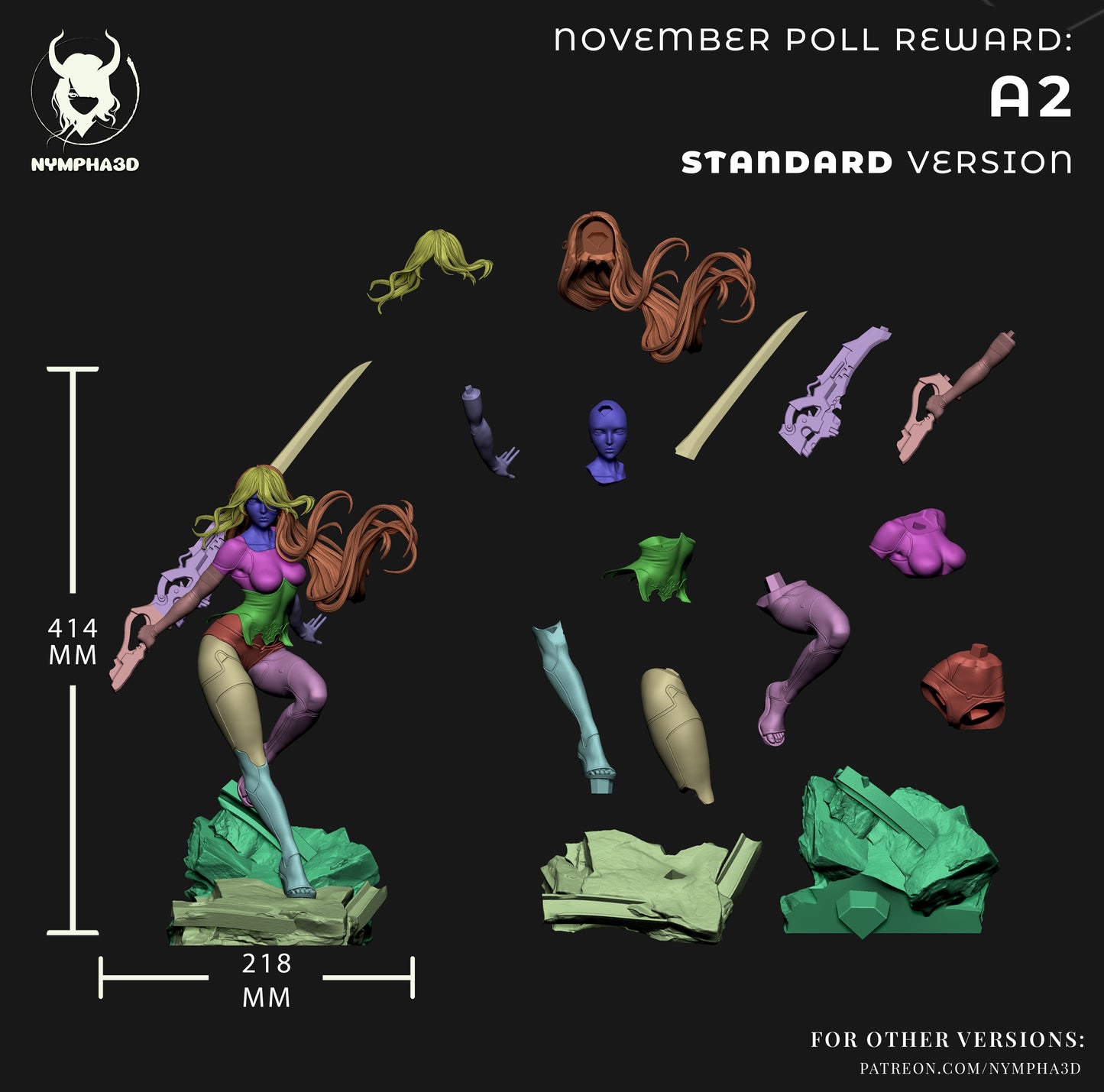 A2 Nier Automata standard edition multi-angle render showing action pose, sword raised stance, flowing hair, and rocky base