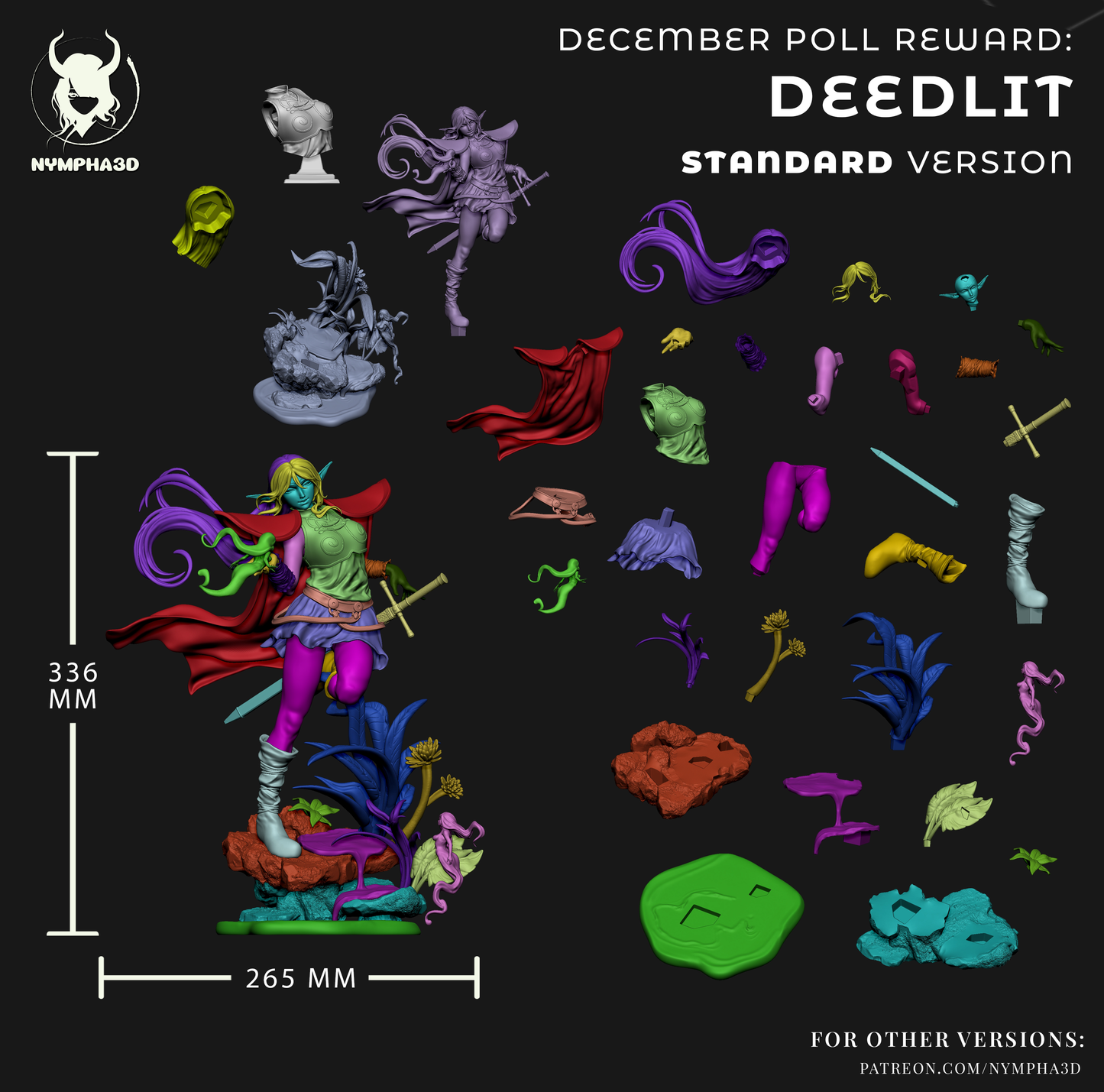 Deedlit standard version statue parts including torso, arms, head options, hair pieces, clothing layers, sword, base rocks, plants, and magical effects