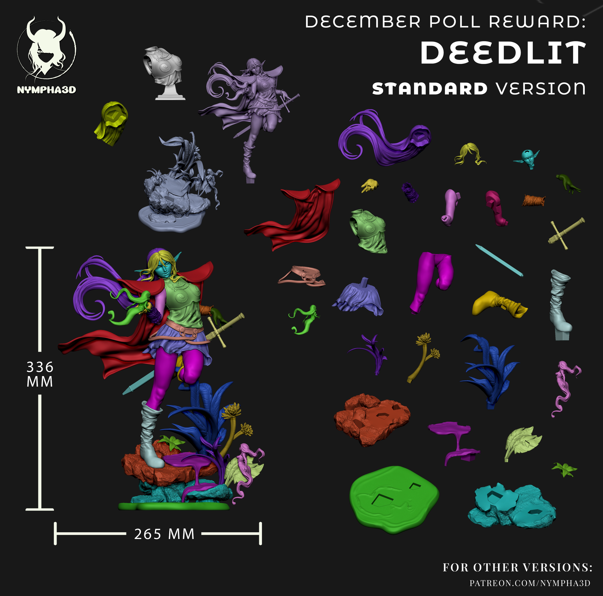 Deedlit standard version statue parts including torso, arms, head options, hair pieces, clothing layers, sword, base rocks, plants, and magical effects