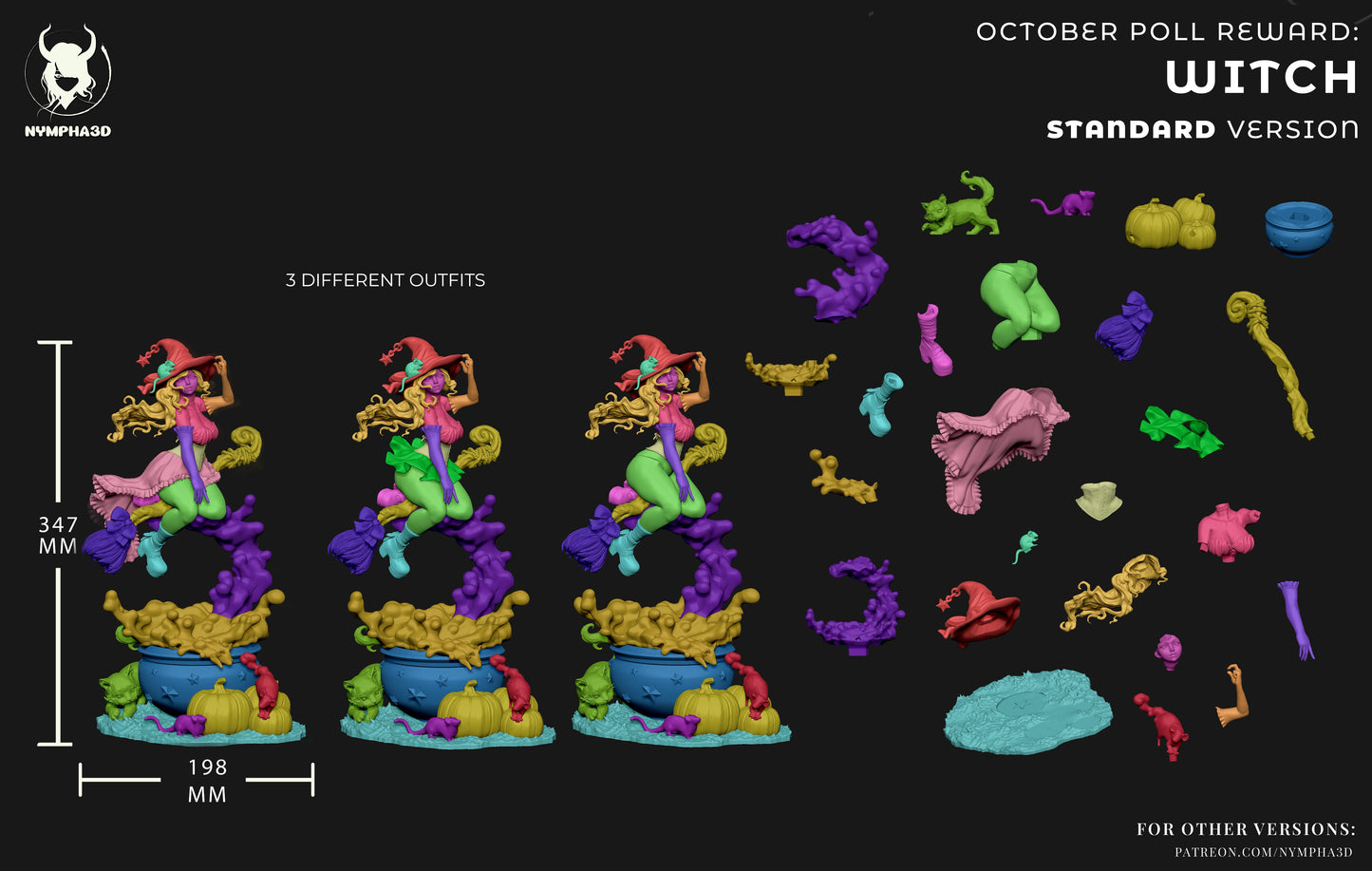 Standard version assembly layout showing interchangeable outfits, broom, cauldron, and accessory parts for the witch statue – 1:6 scale.