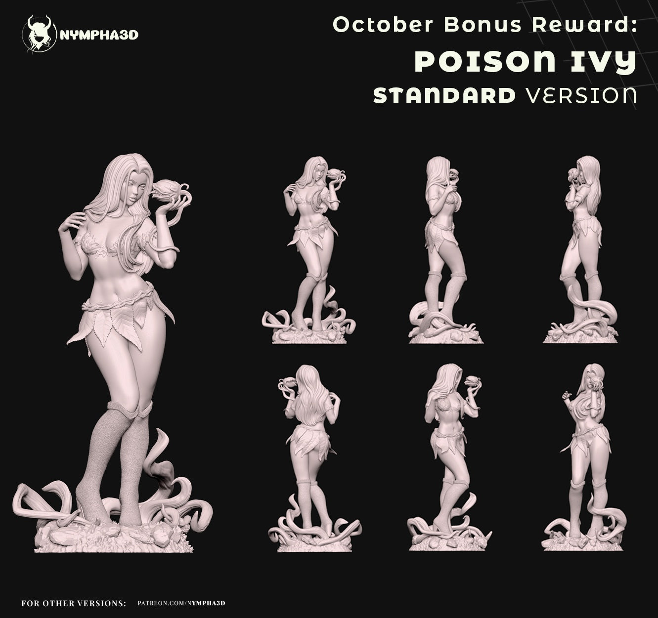 Full 360° renders of Poison Ivy collectible statue in standard version, showcasing detailed leaf costume, flowing hair, vine-wrapped base, and sultry pose for display collectors.