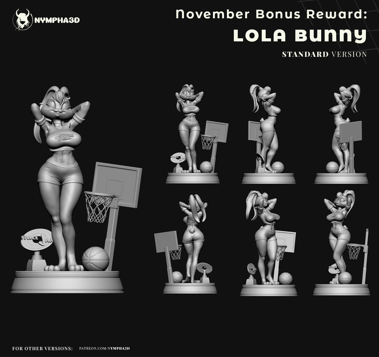 Lola Bunny 1:6 scale SFW figure display with multiple angles showing basketball outfit, hoop prop, trophy, and character pose.