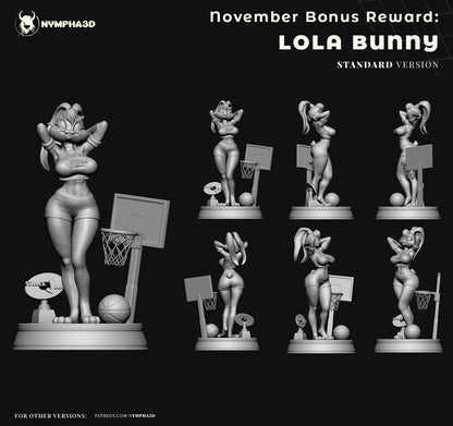 Lola Bunny 1:6 scale SFW figure display with multiple angles showing basketball outfit, hoop prop, trophy, and character pose.