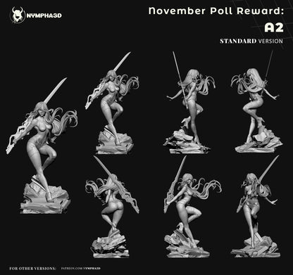 A2 Nier Automata standard edition multi-angle render showing action pose, sword raised stance, flowing hair, and rocky base