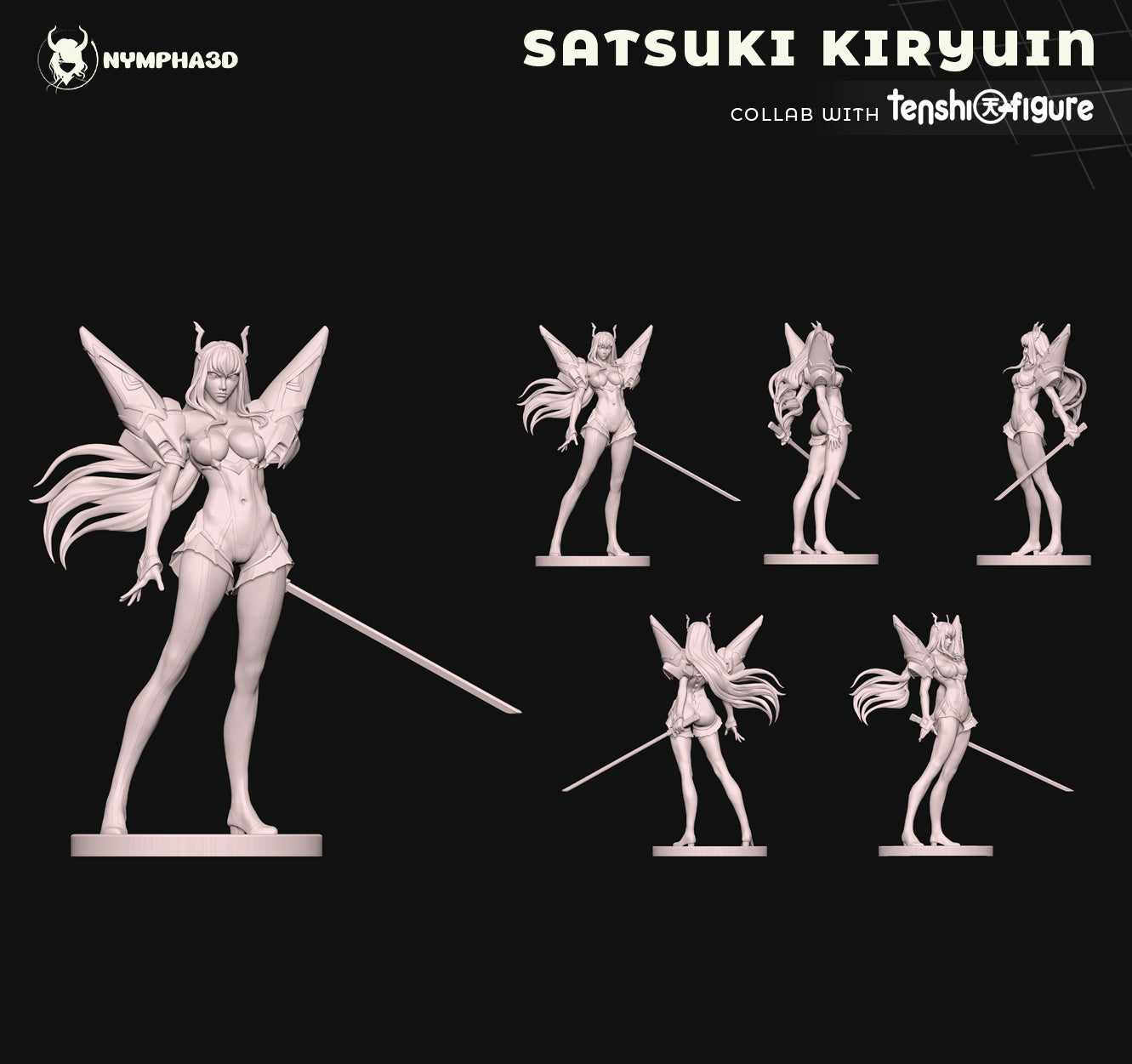 Sculpt Turnarounds: Multiple sculpt views showcasing dynamic angles of the 1:6 scale Satsuki statue with long hair and detailed armor.