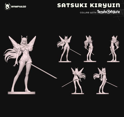 Sculpt Turnarounds: Multiple sculpt views showcasing dynamic angles of the 1:6 scale Satsuki statue with long hair and detailed armor.