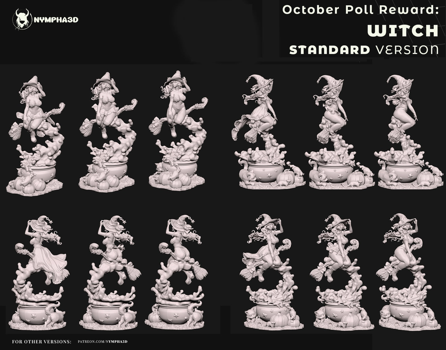 Standard sculpt turnarounds of witch collectible statue by Nympha3D highlighting three outfit options and detailed cauldron base.