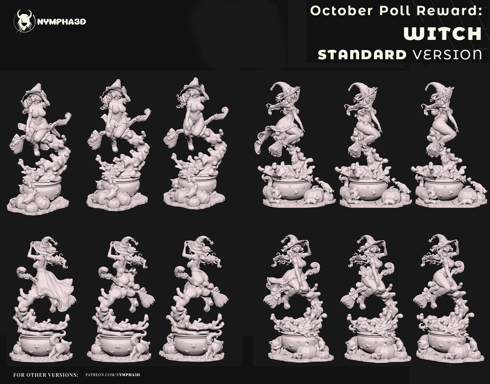 Standard sculpt turnarounds of witch collectible statue by Nympha3D highlighting three outfit options and detailed cauldron base.