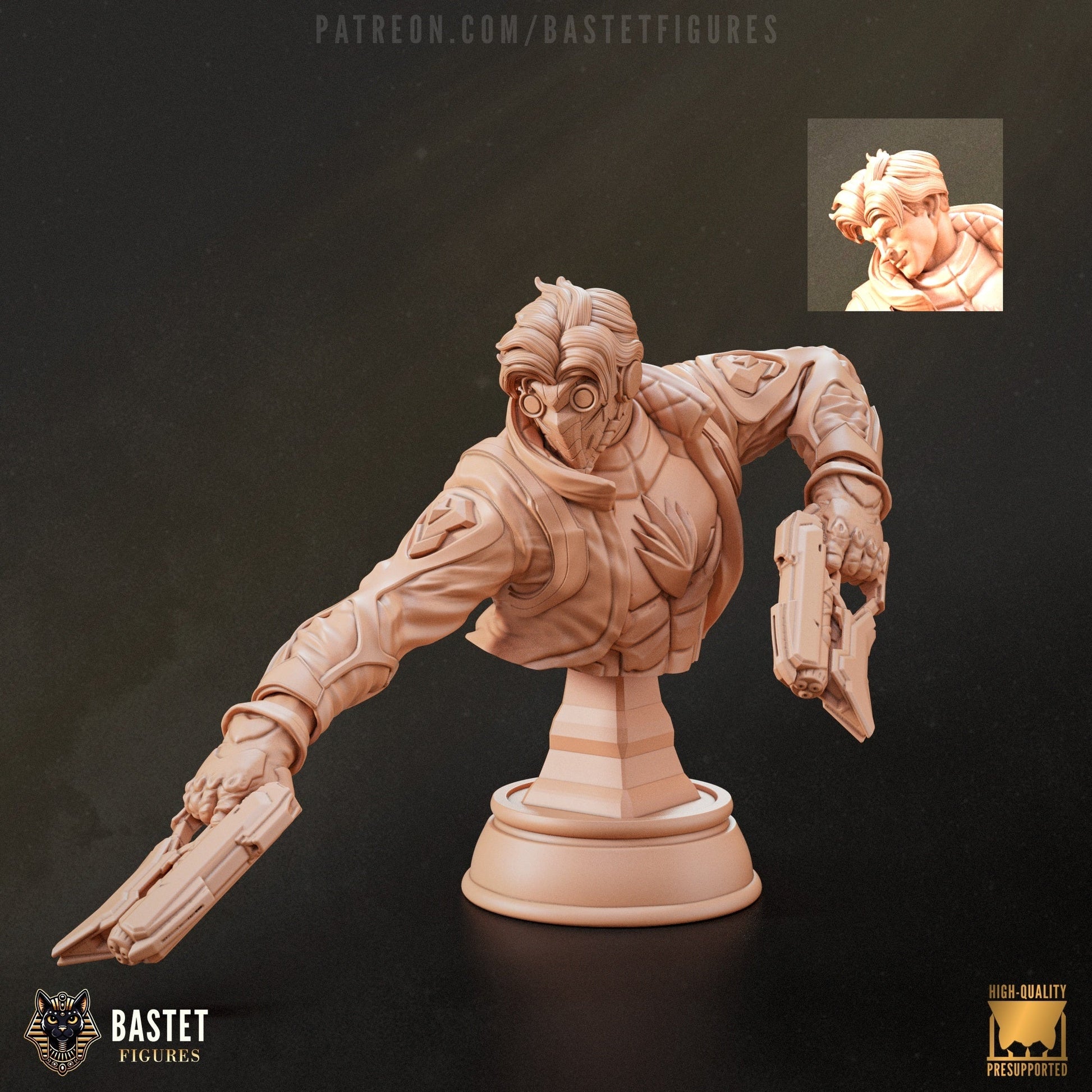 Close-up clay render of bust version of Star-Lord, arms extended firing twin pistols, masked and unmasked head options shown.