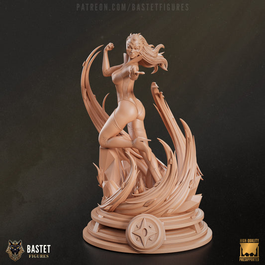 Front view of Star Sapphire clay model posed with one leg raised and arm extended, standing over swirling energy and crystal base.
