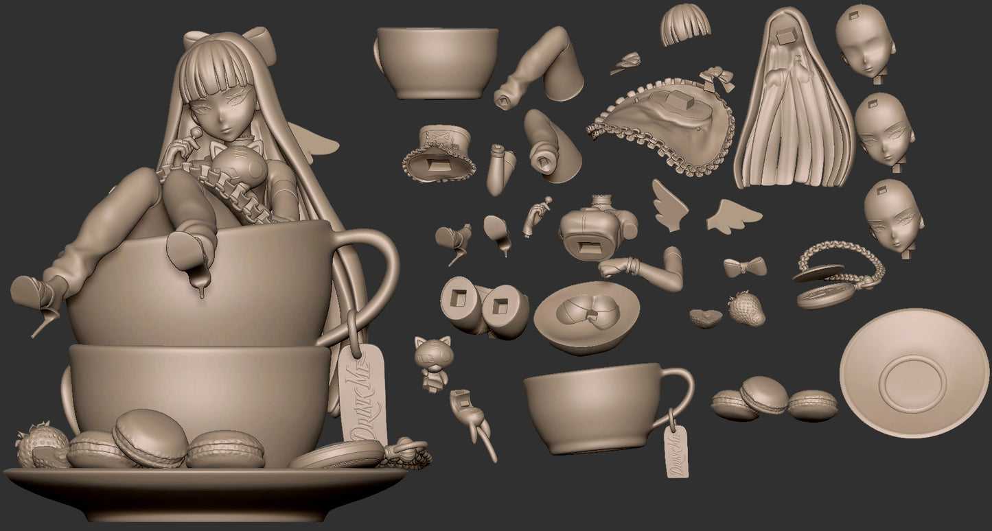 Anarchy Stocking Panty and Stocking exploded parts layout showing teacup, accessories, and face options