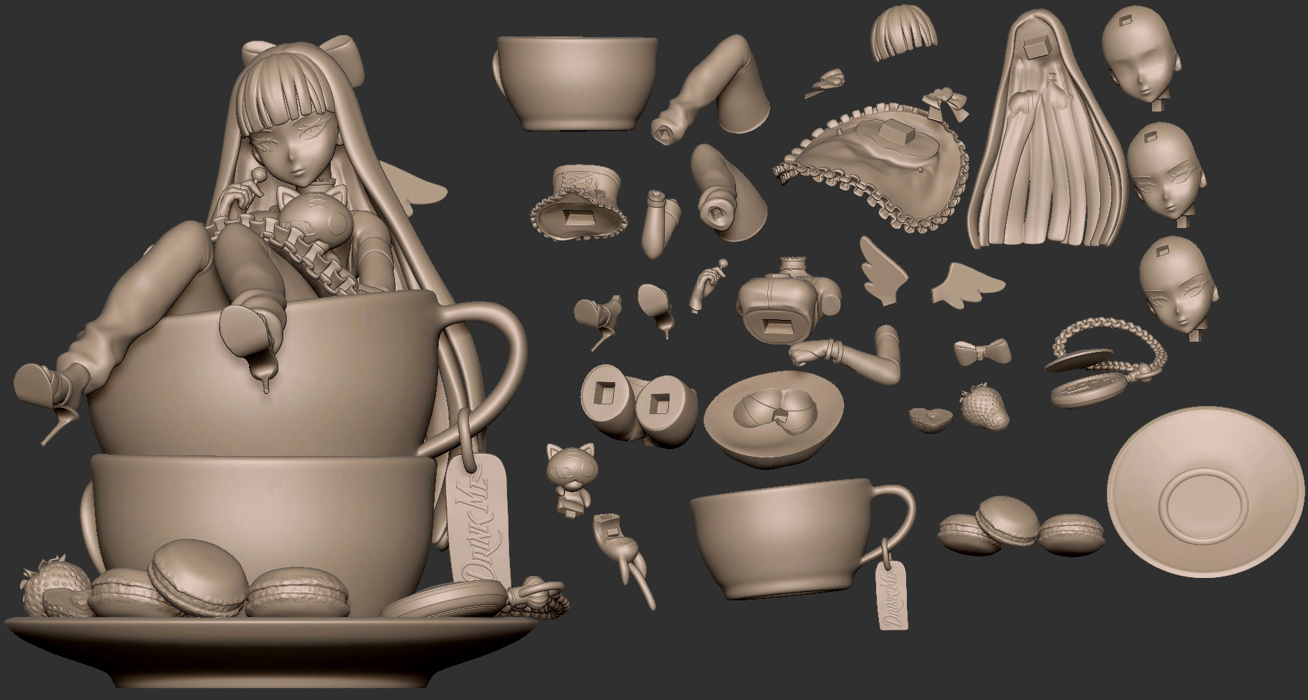 Anarchy Stocking Panty and Stocking exploded parts layout showing teacup, accessories, and face options