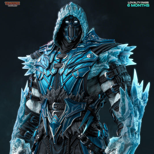 Sub-Zero close-up showcasing armored chest, ice gauntlets, and glowing blue eyes under hood.