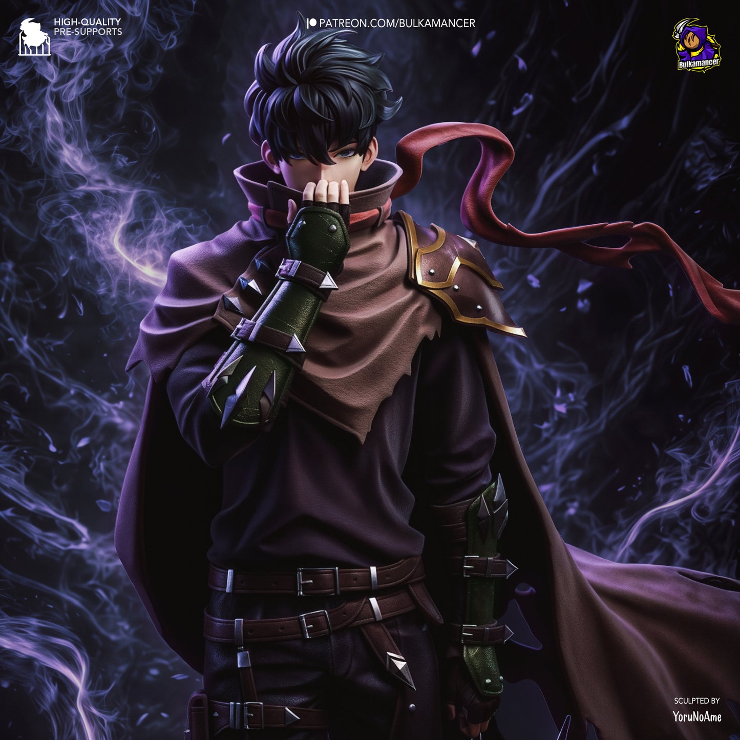 Sung Jin-Woo 1:8 scale collectible figure from Solo Leveling, posed with a scarf flowing behind him and shadows swirling at his feet, in full color render.