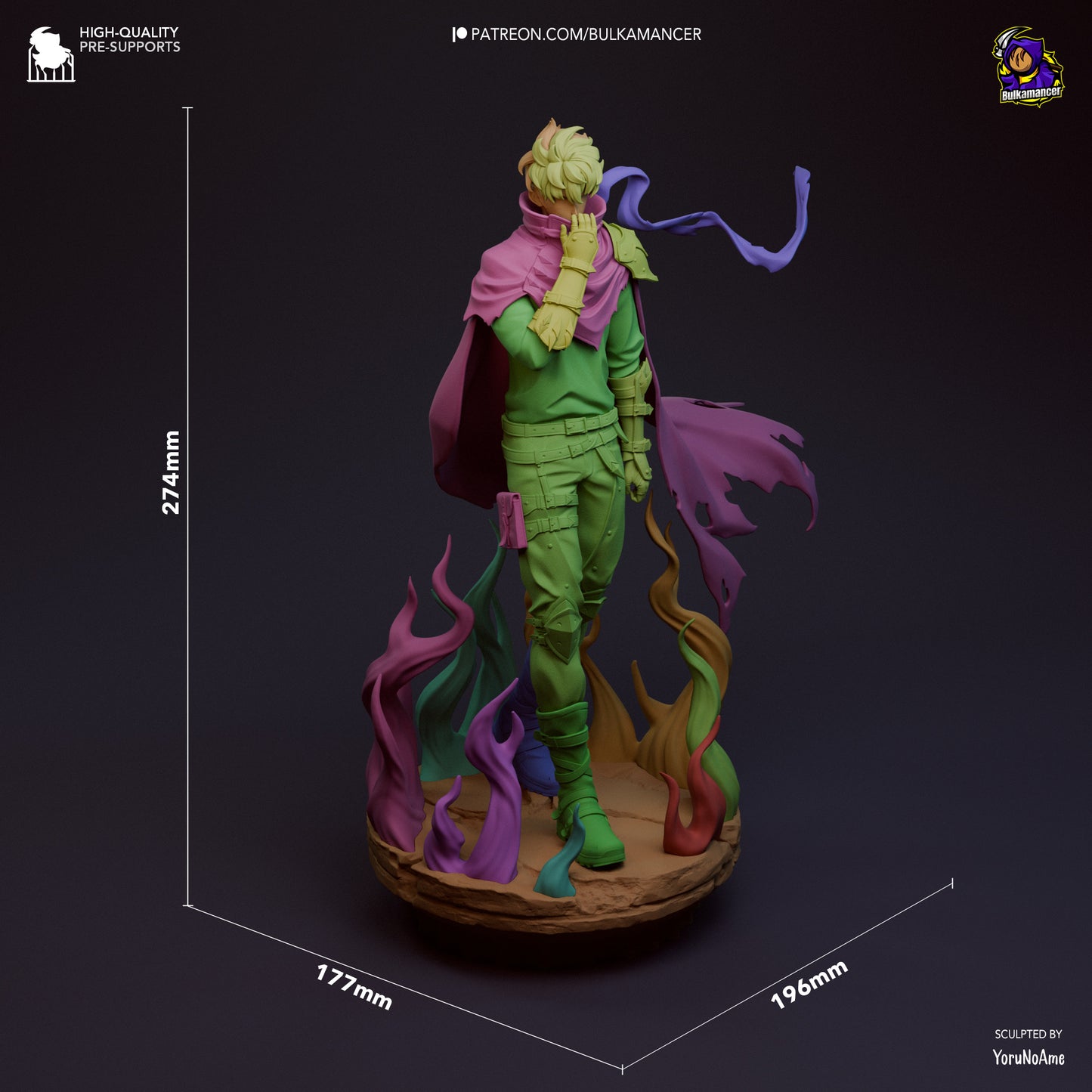 Dimension breakdown of Sung Jin-Woo figure in 1:8 scale with color-coded parts and height, width, and depth measurements.