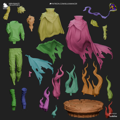 Exploded view of Sung Jin-Woo’s figure showing each modular part separated by color including base, flames, cape, limbs, and accessories.