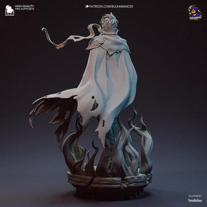 Back view of the unpainted Sung Jin-Woo 1:8 scale figure showing his torn cape and shadow flame base detail.