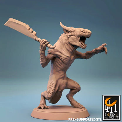 Kobold holding a large sword, in a battle-ready pose with an aggressive expression. Suitable for games like Dungeons and Dragons and other fantasy RPGs.