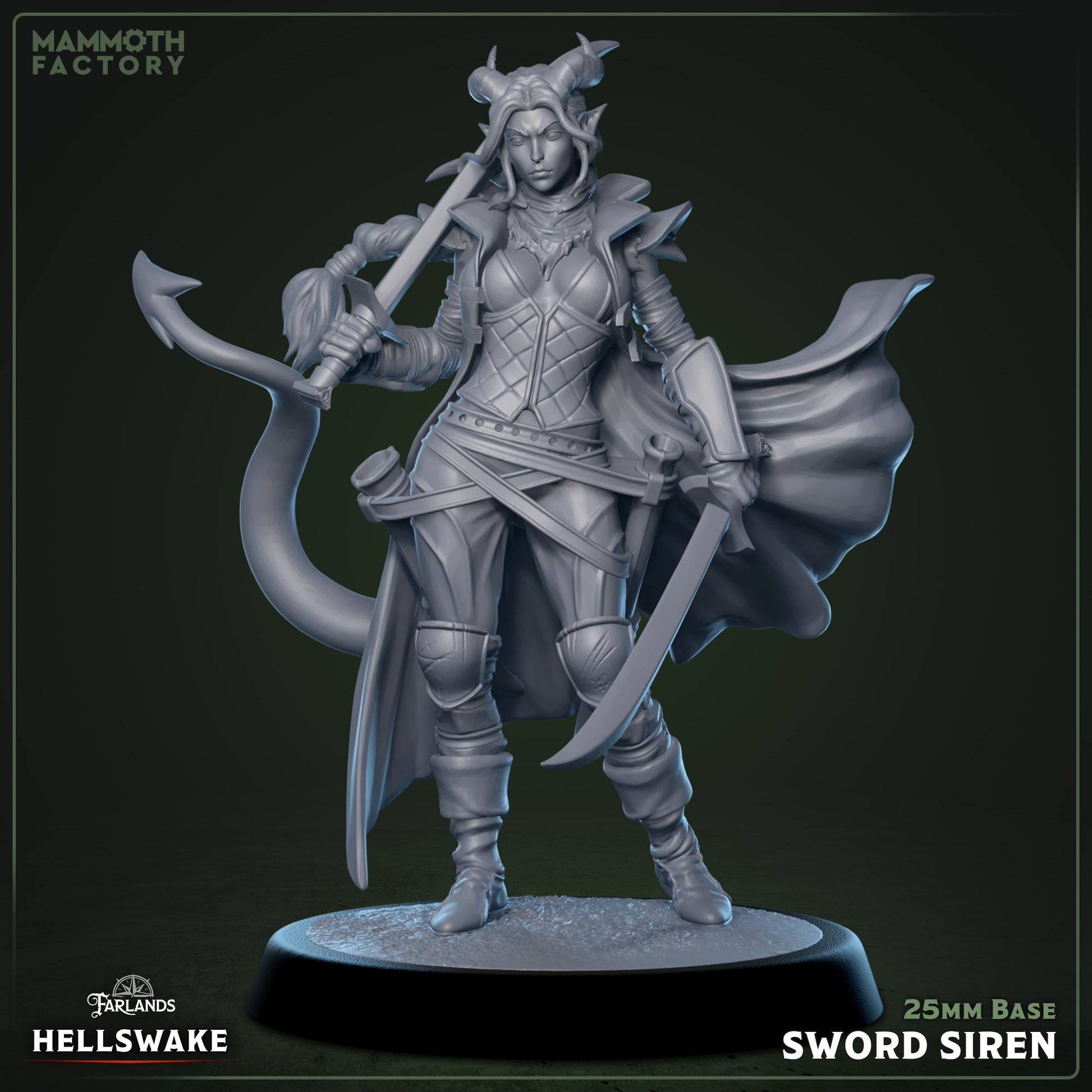 Hellswake Sword Siren miniature depicting a female Tiefling rogue in a confident stance holding twin curved swords, wearing layered armor and a flowing cloak with horns and tail visible, posed on a 25mm base.