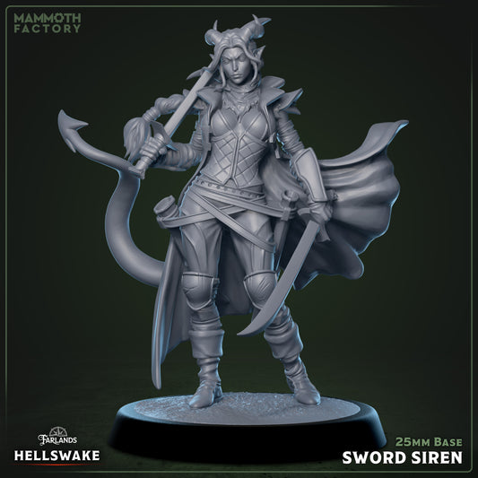 Hellswake Sword Siren miniature depicting a female Tiefling rogue in a confident stance holding twin curved swords, wearing layered armor and a flowing cloak with horns and tail visible, posed on a 25mm base.
