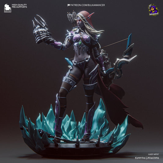 Full front view of Sylvanas standing atop icy spikes, armed with her bow and clad in her iconic banshee-inspired armor.
