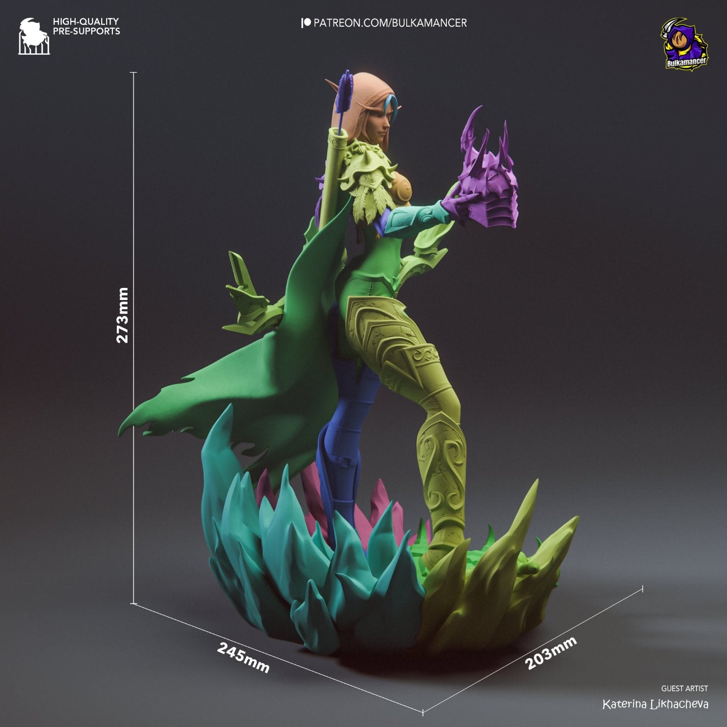 Dimensions view of the Sylvanas figurine, emphasizing her regal stance, icy base, and imposing height.