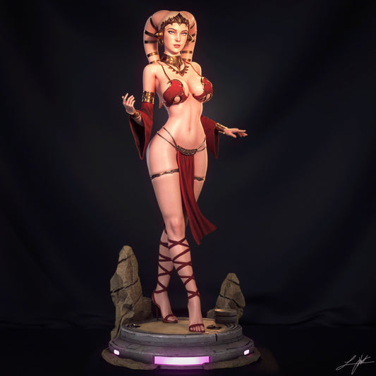 Twi’lek Hostess 1:4 scale figure rear view on a stone and platform base, posed with one leg forward, wearing ornate dancer attire with headdress, arm wraps, and sash, Star Wars collectible statue.