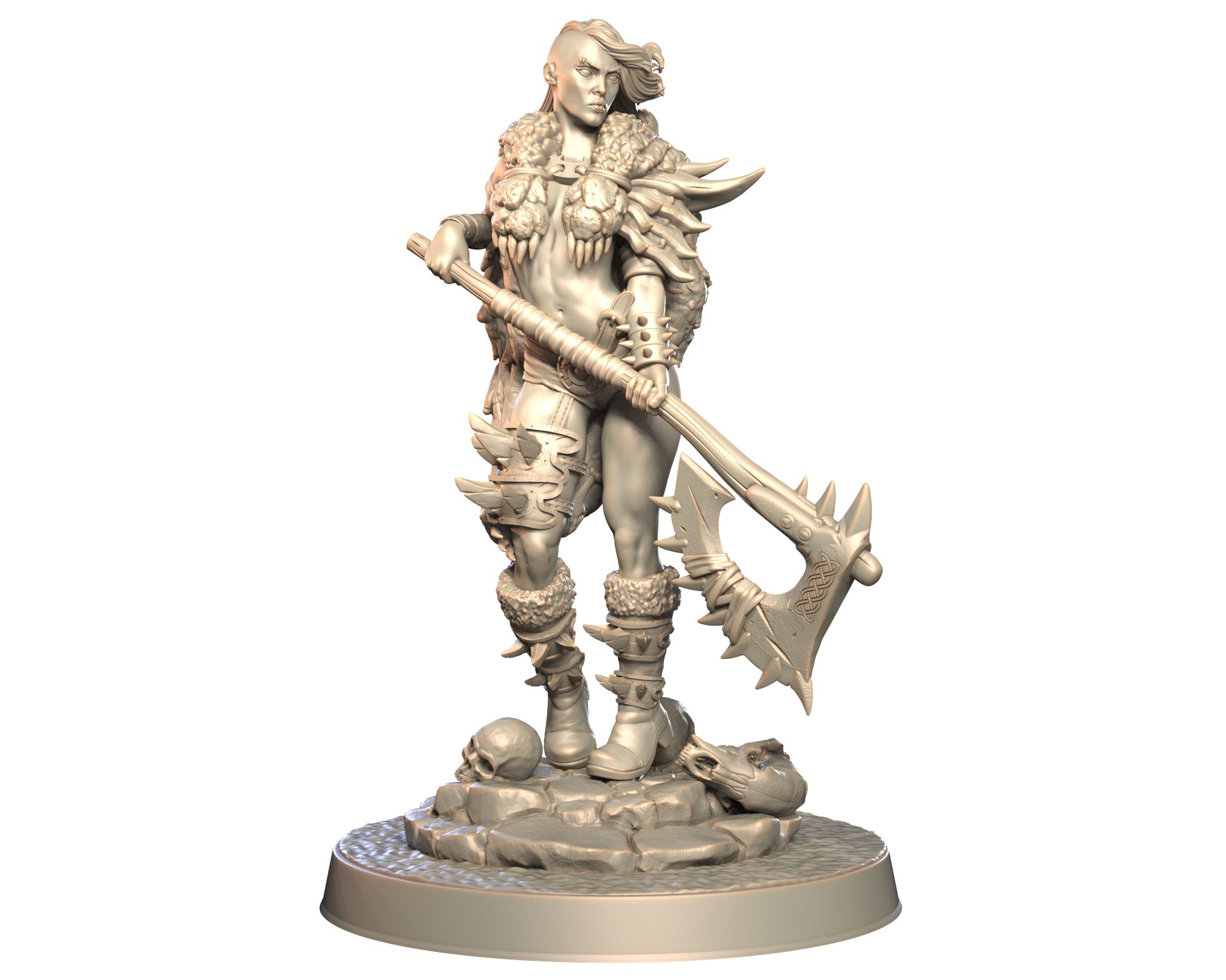 Thogra female human barbarian miniature holding a massive spiked axe, standing on rocky base with skulls.