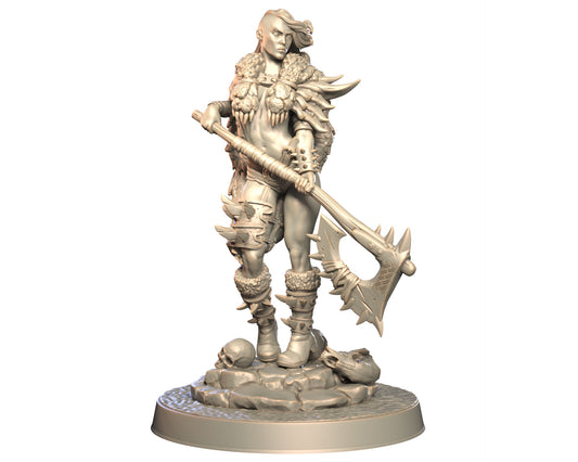 Thogra female human barbarian miniature holding a massive spiked axe, standing on rocky base with skulls.