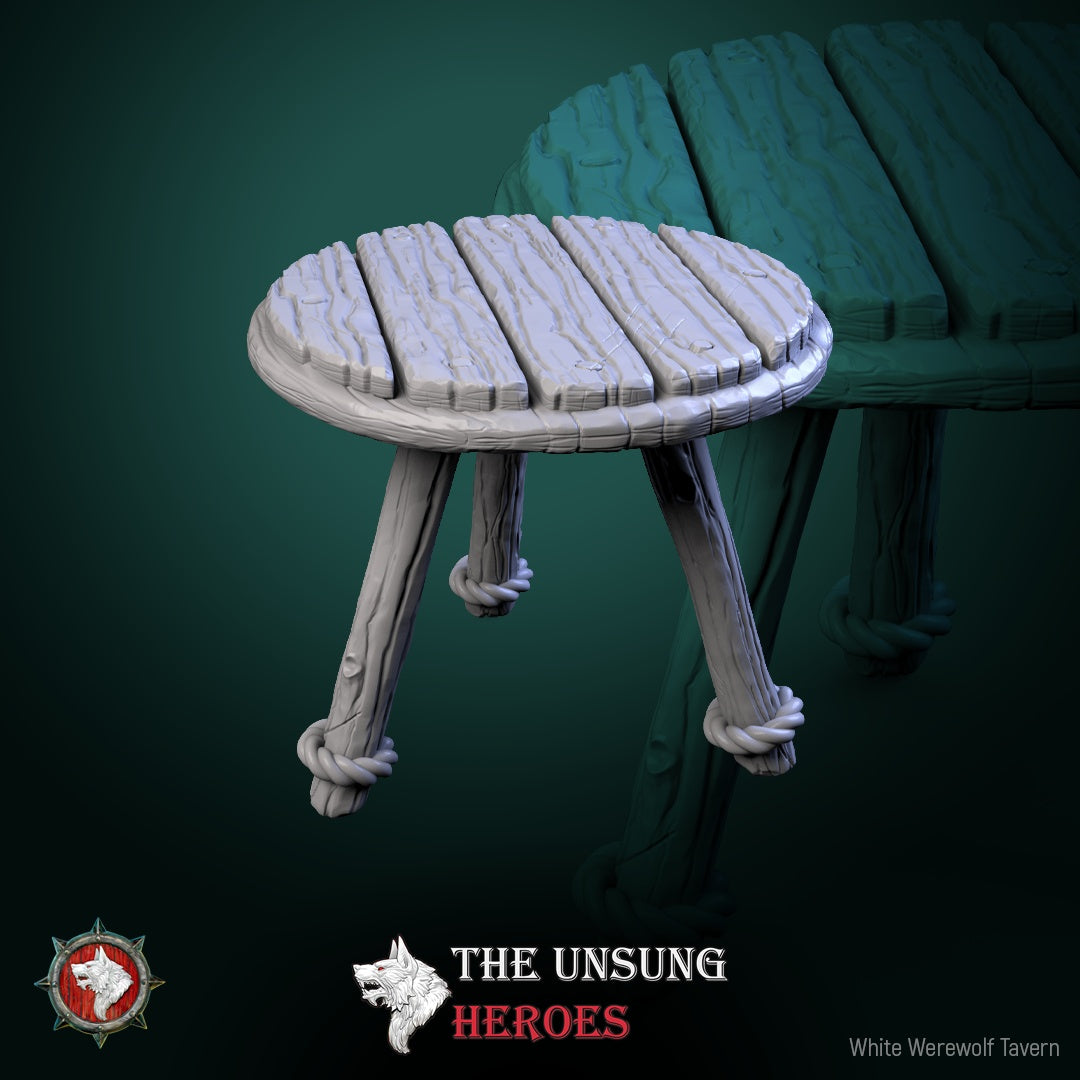 Small round wooden tavern table with rope-tied legs – fantasy RPG furniture for Dungeons & Dragons, Pathfinder, and Warhammer.