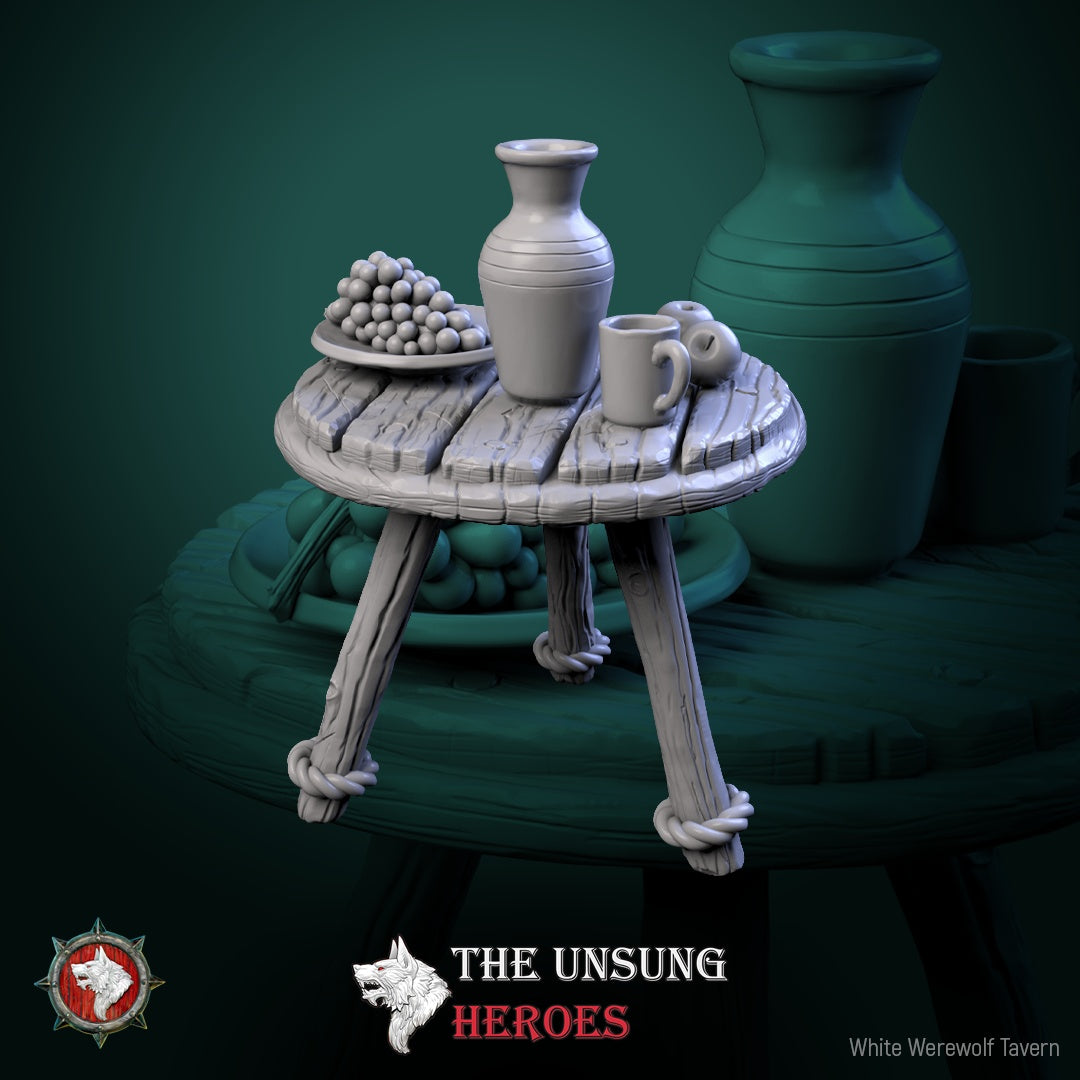Round wooden tavern table with grapes, mugs, and jug – fantasy RPG prop for D&D, Pathfinder, and medieval terrain.
