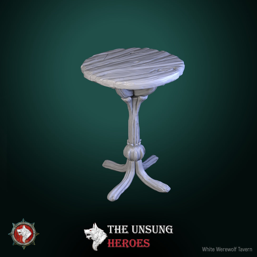 Tall wooden tavern stand with carved legs – fantasy RPG furniture prop for Dungeons & Dragons, Pathfinder, and Warhammer.