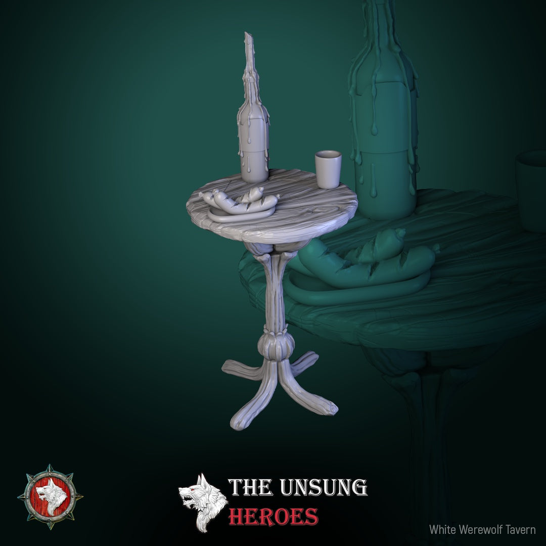 Tall tavern stand with bottle, mug, and plate of sausages – fantasy RPG tavern accessory for D&D, Pathfinder, and Warhammer.