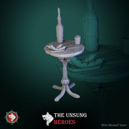 Tall tavern stand with bottle, mug, and plate of sausages – fantasy RPG tavern accessory for D&D, Pathfinder, and Warhammer.