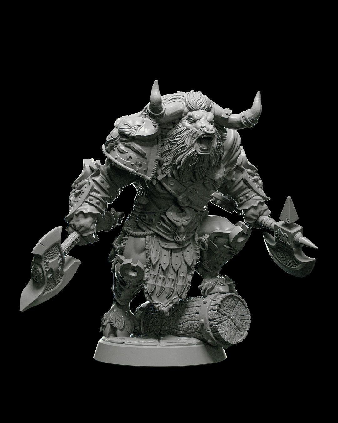 Talodem, Giant Slayer miniature depicting a heavily armored Minotaur warrior wielding dual axes, ready for battle in tabletop RPGs and wargames.