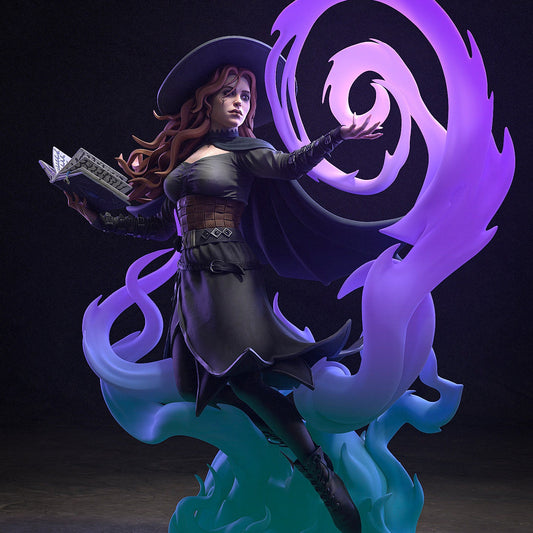 Tasha the Witch collectible figure in dynamic pose, floating above swirling magical energy with open spellbook in hand – 1:8 scale collectible for Dungeons & Dragons and Pathfinder.