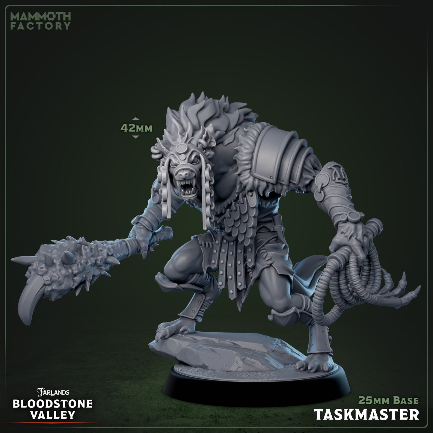 Gnoll Taskmaster miniature wielding spiked club and whip, armored shoulder plate, snarling face with beastly mask, 25mm base, dynamic crouched pose for Dungeons & Dragons and Pathfinder.