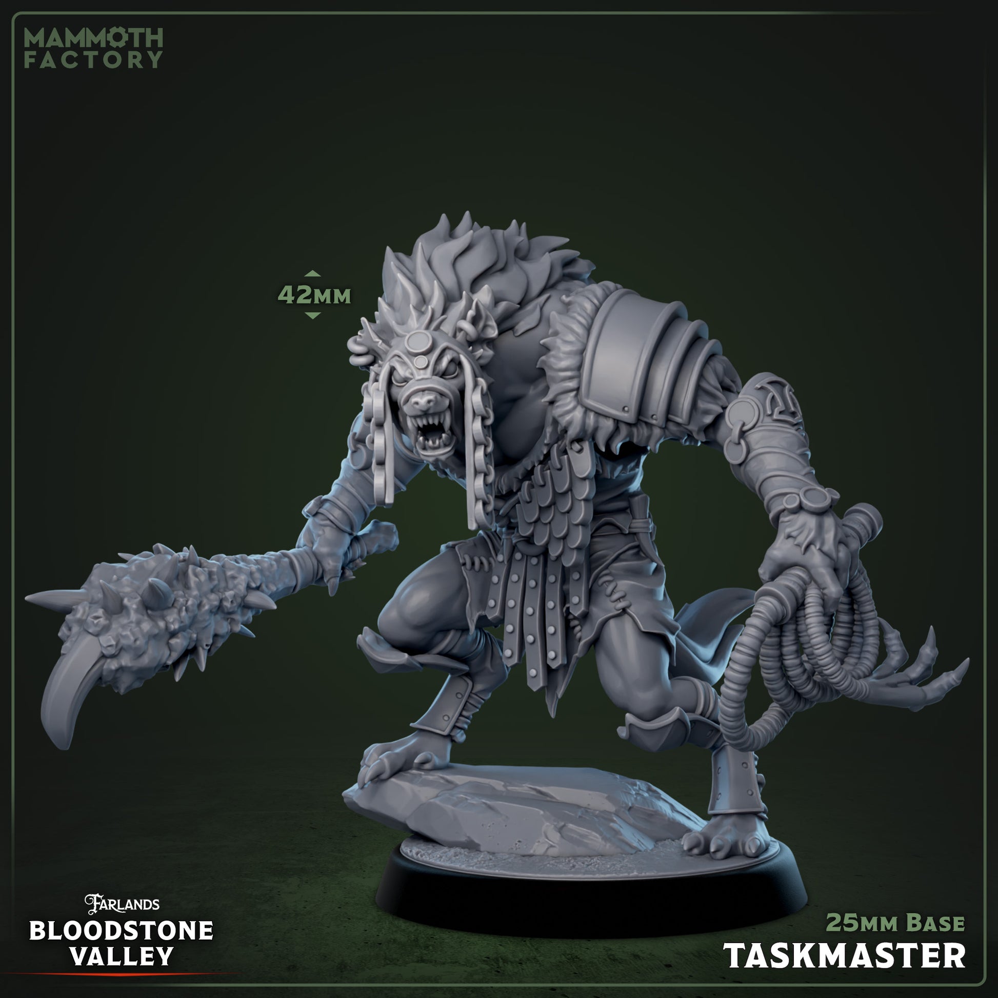 Gnoll Taskmaster miniature wielding spiked club and whip, armored shoulder plate, snarling face with beastly mask, 25mm base, dynamic crouched pose for Dungeons & Dragons and Pathfinder.