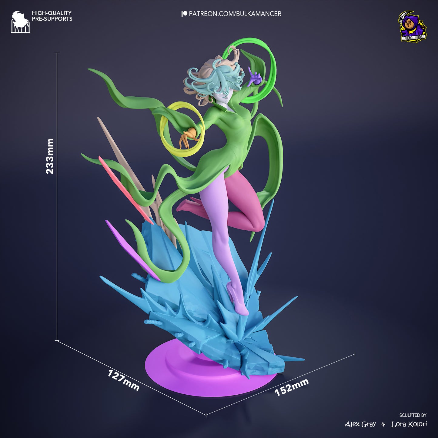 Tatsumaki One Punch Man 1:8 scale statue measurement image, showing full height, width, and length with levitation pose and energy base.