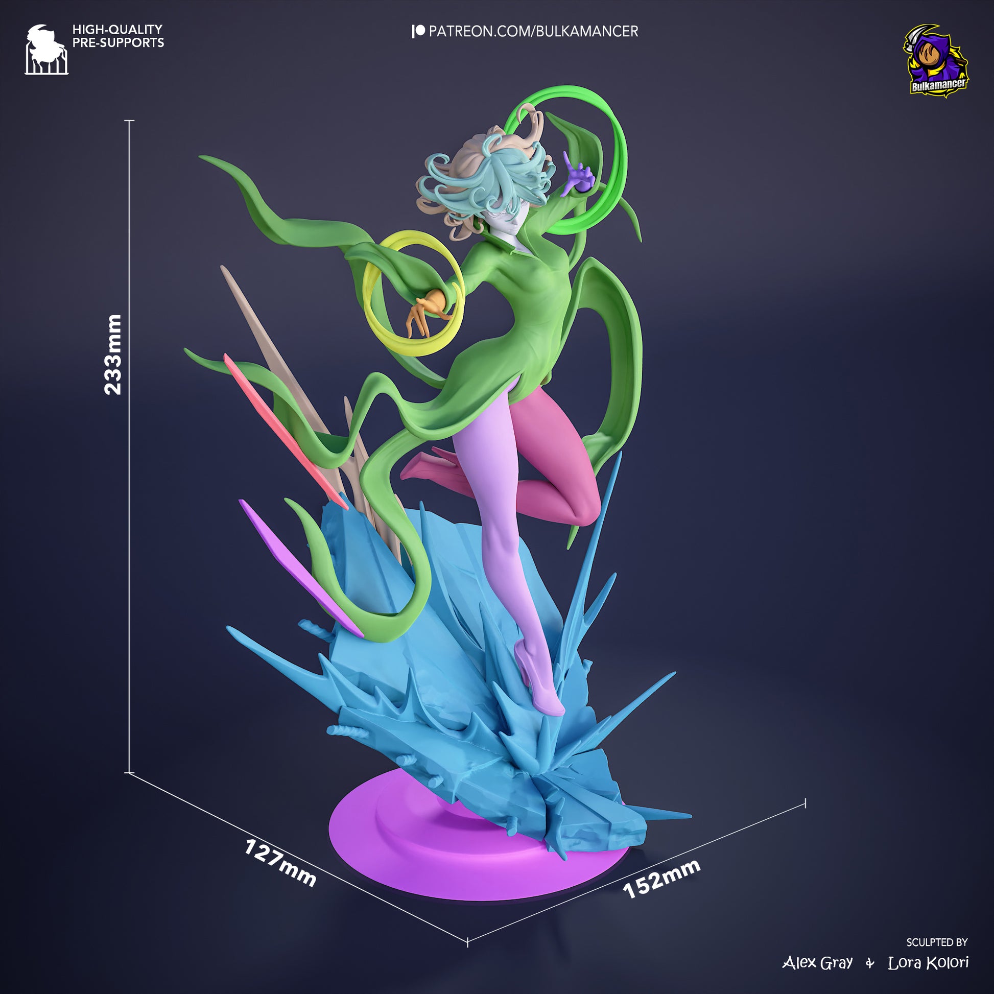 Tatsumaki One Punch Man 1:8 scale statue measurement image, showing full height, width, and length with levitation pose and energy base.