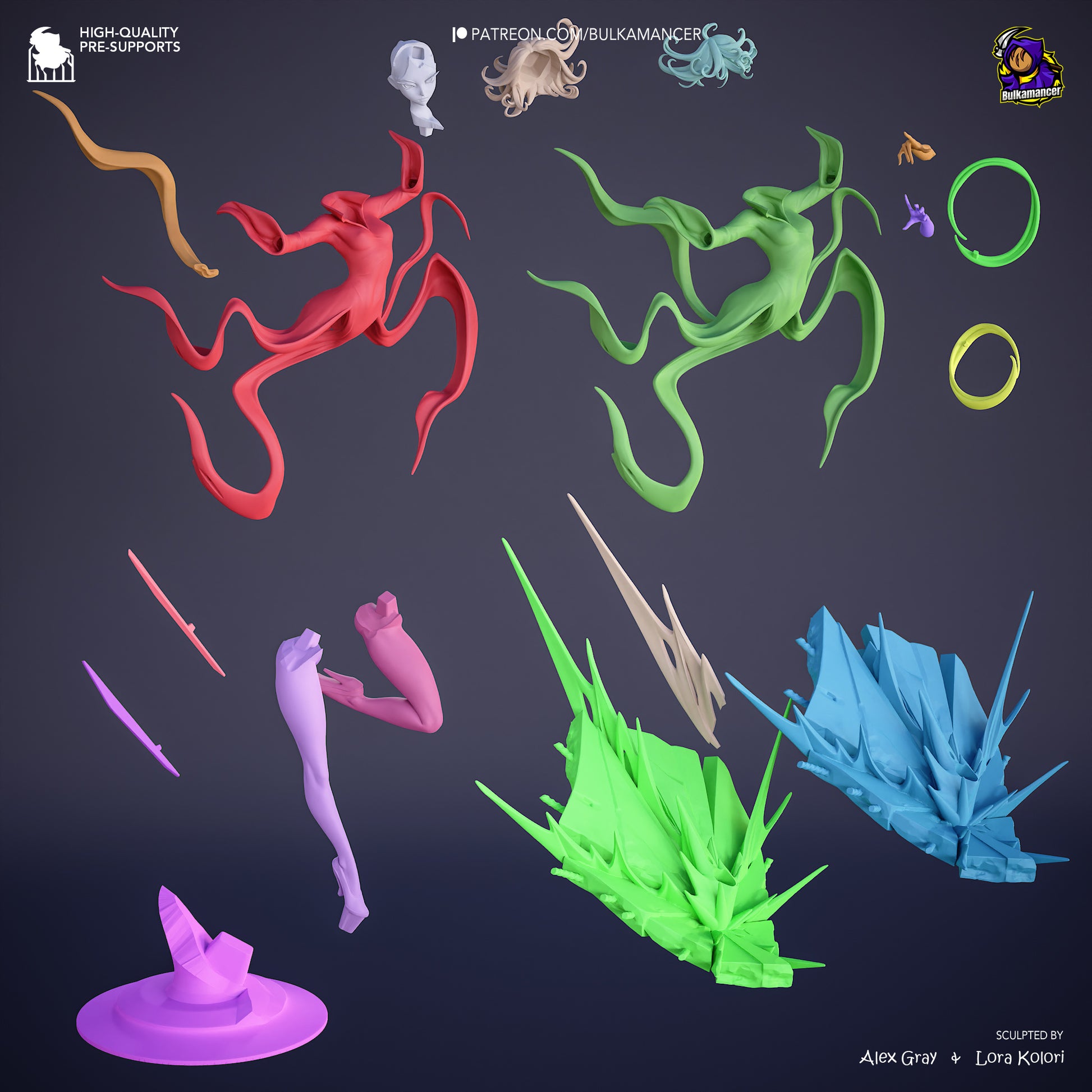 Tatsumaki One Punch Man 1:8 scale statue exploded parts display with segmented hair, limbs, psychic effect pieces, and multi-part base elements.