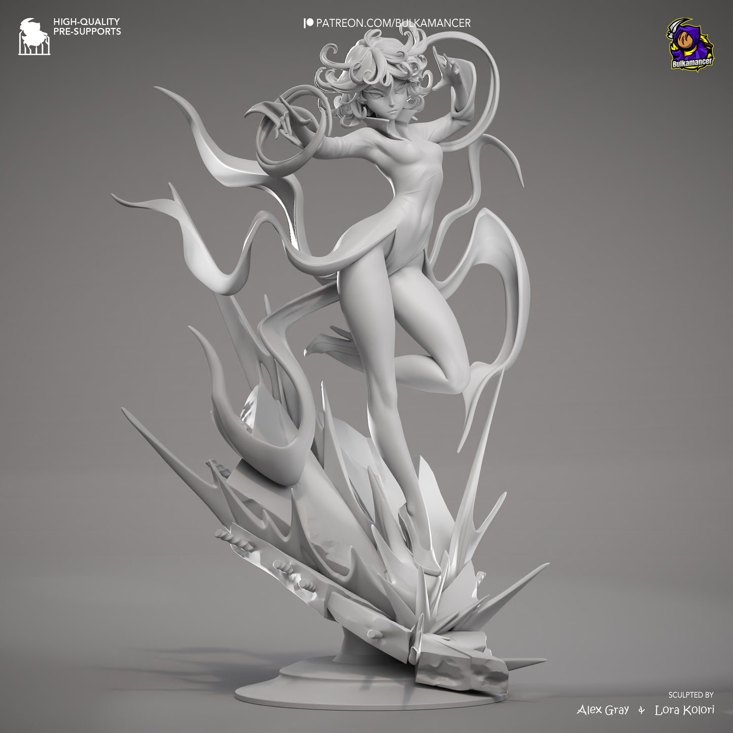 Tatsumaki One Punch Man 1:8 scale statue grey render front view, featuring dynamic levitation pose, swirling energy effects, and sculpted rock burst base.