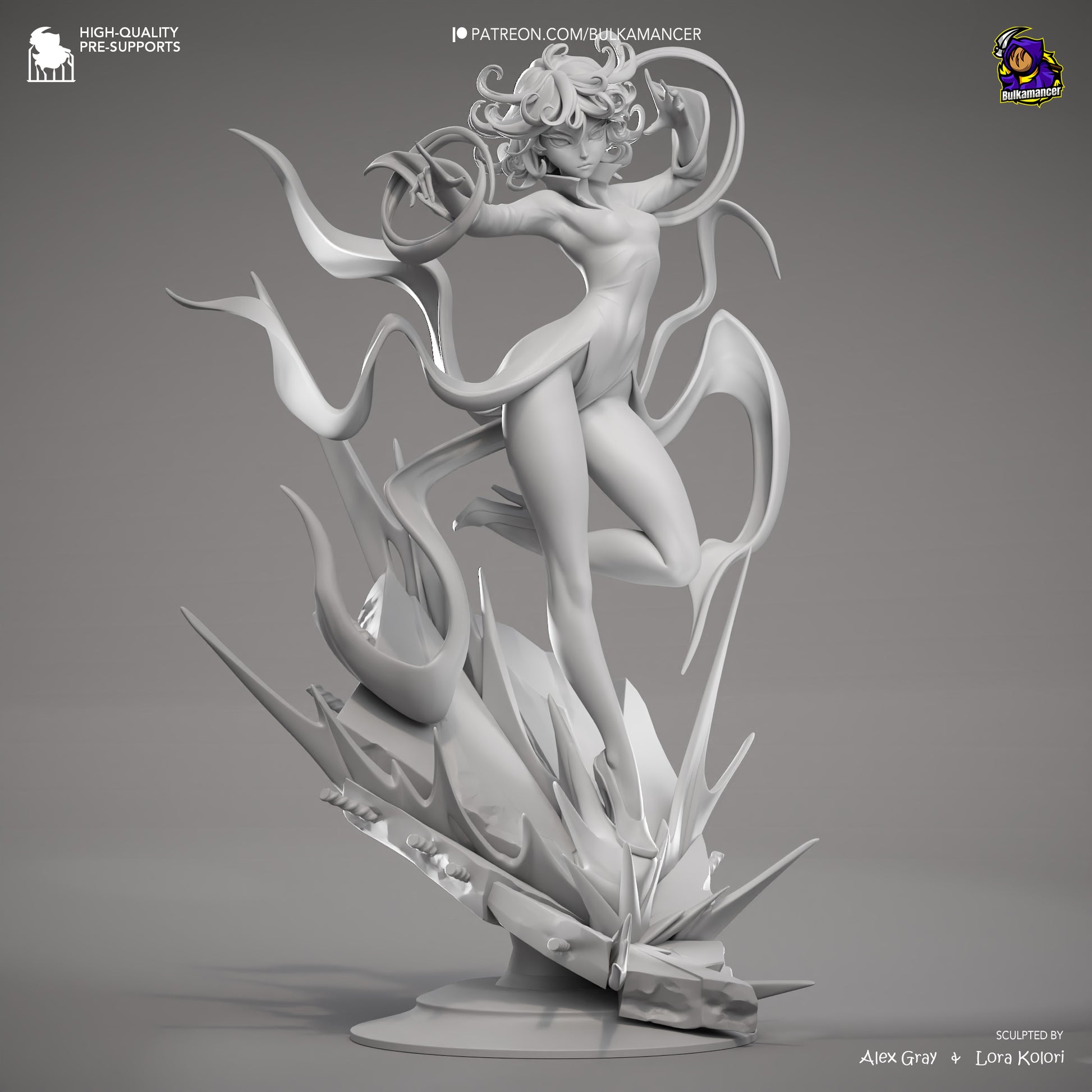 Tatsumaki One Punch Man 1:8 scale statue grey render front view, featuring dynamic levitation pose, swirling energy effects, and sculpted rock burst base.