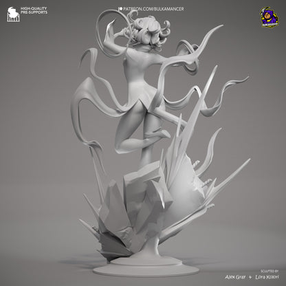 Tatsumaki One Punch Man 1:8 scale statue grey render back view, showing flowing dress, psychic effect trails, and jagged energy base structure.