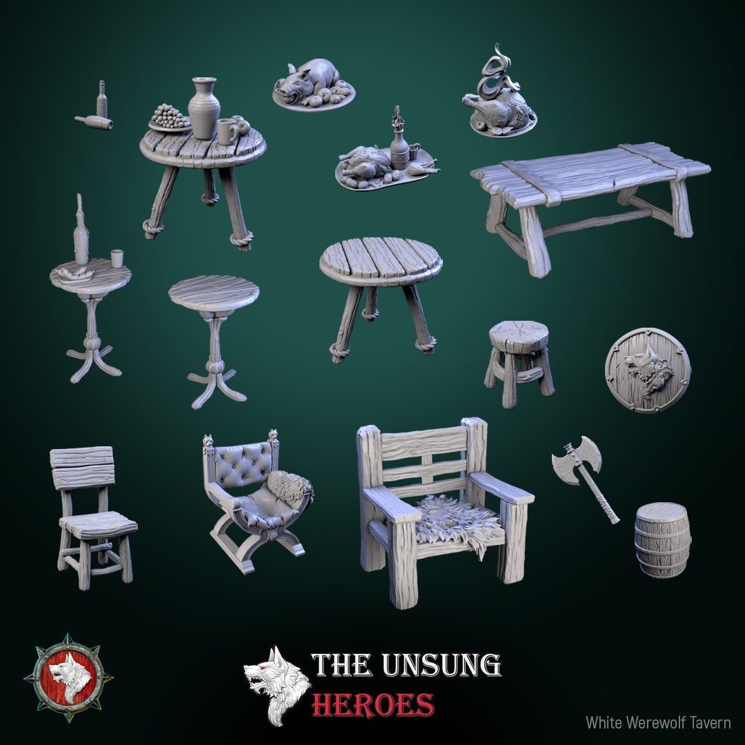 Group shot of Tavern Fixtures collection with chairs, tables, barrels, weapons, and feast platters – fantasy RPG terrain for D&D, Pathfinder, and Warhammer.