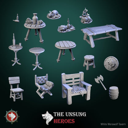 Group shot of Tavern Fixtures collection with chairs, tables, barrels, weapons, and feast platters – fantasy RPG terrain for D&D, Pathfinder, and Warhammer.