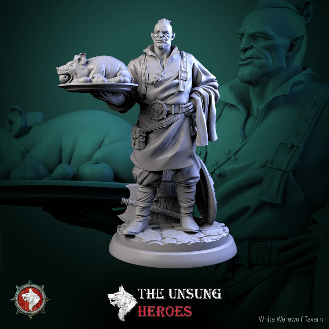 Half-orc tavernhand miniature holding roast pig platter, inn server NPC figure for D&D and Pathfinder.