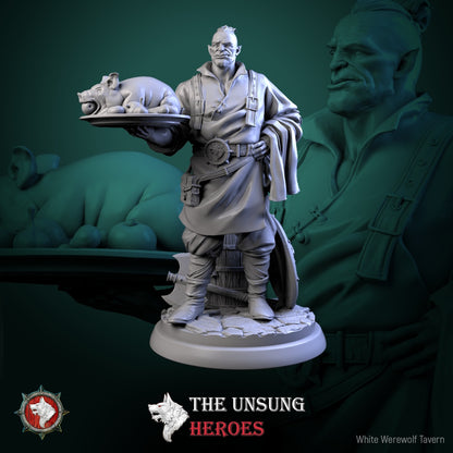 Half-orc tavernhand miniature holding roast pig platter, inn server NPC figure for D&D and Pathfinder.