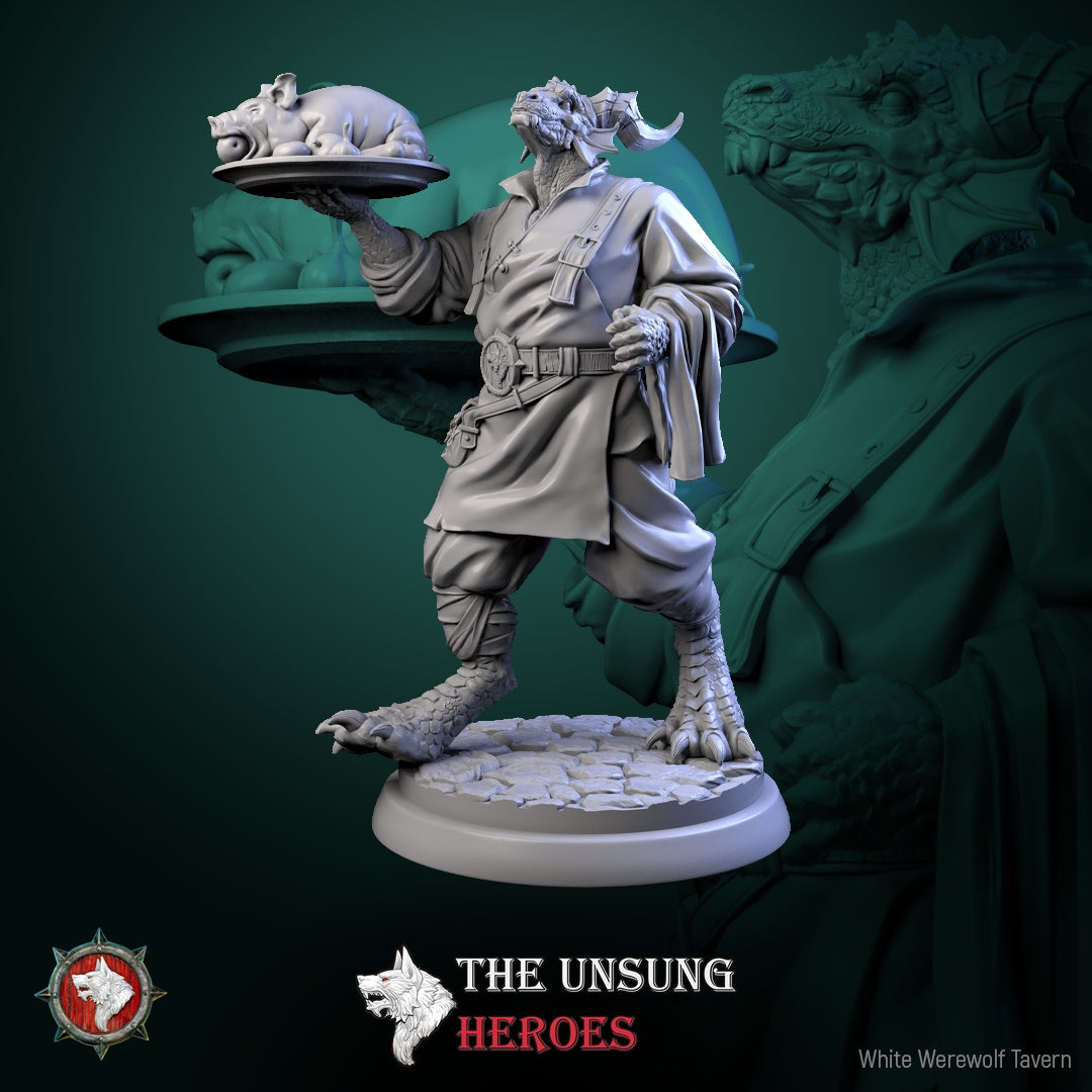Dragonborn tavernhand miniature presenting roast pig on a platter, fantasy innkeeper NPC for tabletop RPGs.